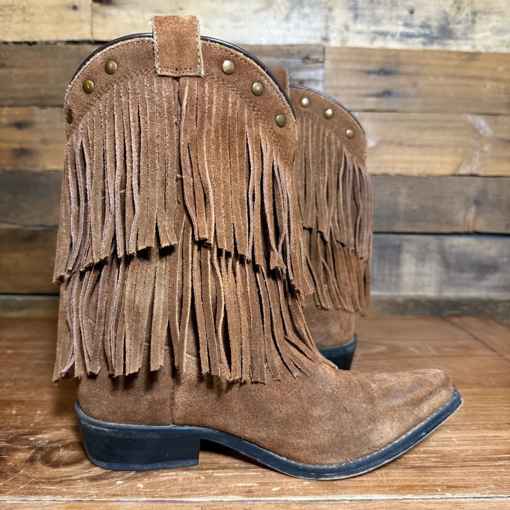 Shyanne Girls' Double-Fringe Cowboy Boot Snip Toe Brown Suede Leather Size 3.